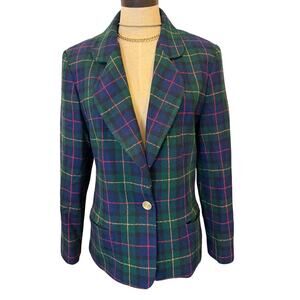 JOAN LESLIE Plaid Blazer Coat Jacket Women size 10 Navy Green Holidays Tartan
